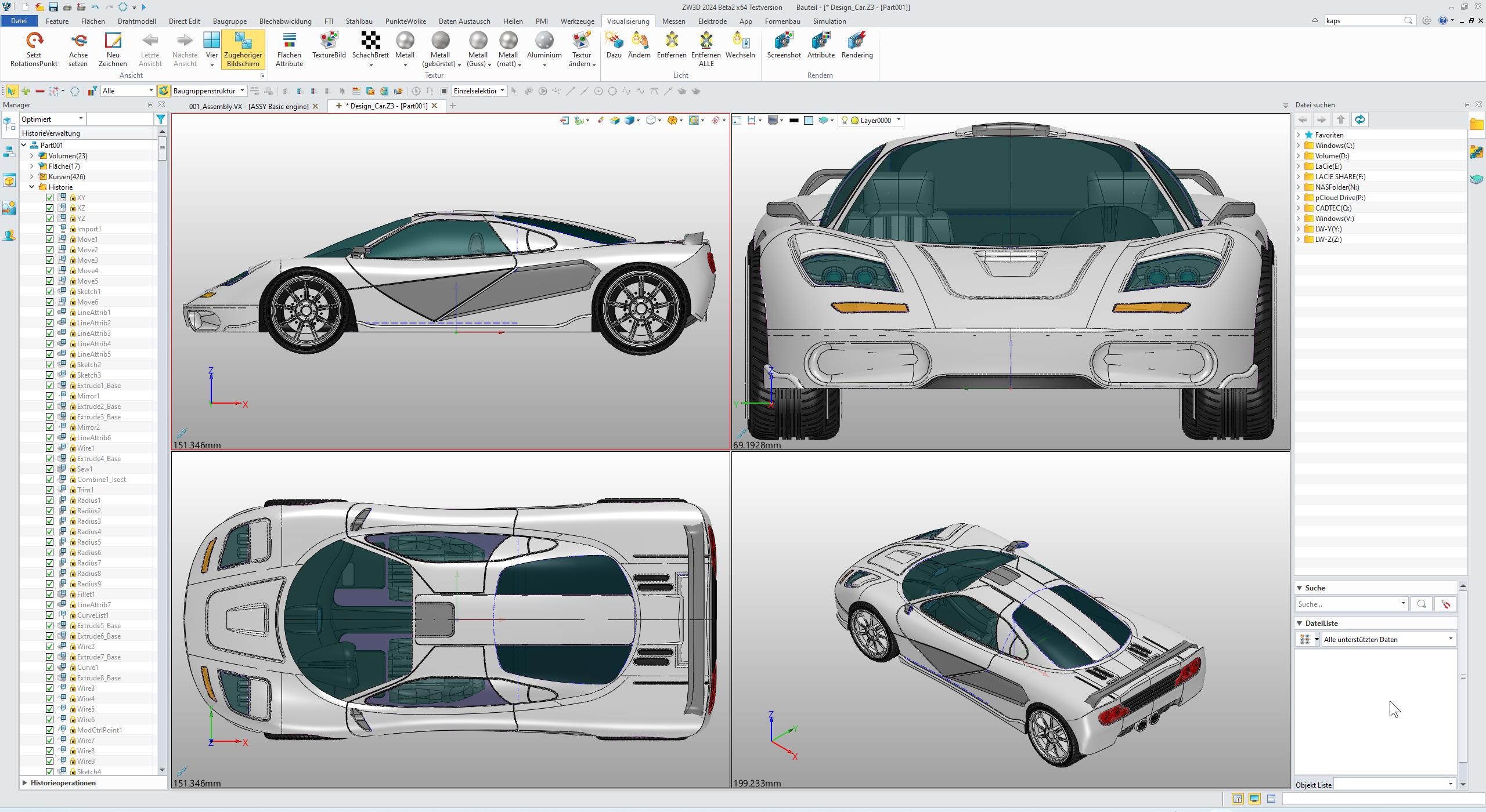 Sportwagenstudie mit vielen Freiform-Oberflächen, alle mit ZW3DCAD STD erstellt.